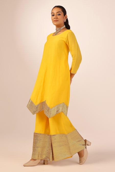 Palak & Mehak_Yellow Chanderi Zari Round Neck Kurta Sharara Set _Online_at_Aza_Fashions