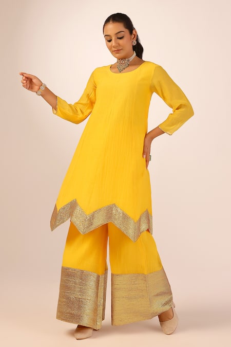 Buy_Palak & Mehak_Yellow Chanderi Zari Round Neck Kurta Sharara Set _Online_at_Aza_Fashions