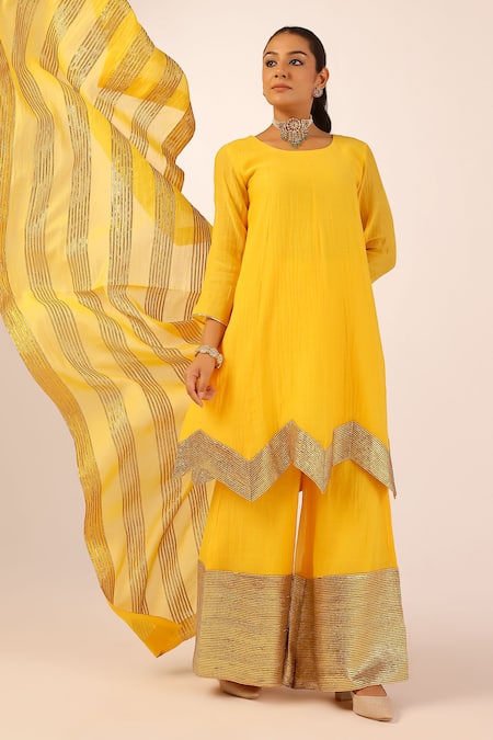 Shop_Palak & Mehak_Yellow Chanderi Zari Round Neck Kurta Sharara Set _Online_at_Aza_Fashions