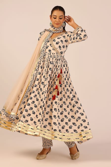 Palak & Mehak Cream Chanderi Zari, Tassels V-neck Floral Print Anarkali Set 