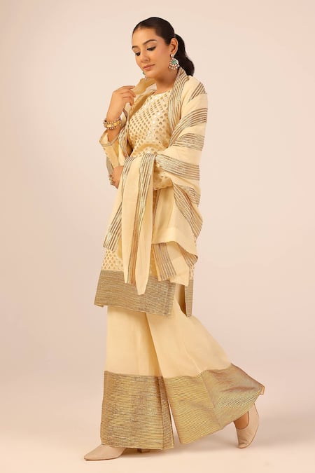 Palak & Mehak_Off White Chanderi Embroidery, Zari Round Neck Designer Kurta Sharara Set _Online_at_Aza_Fashions
