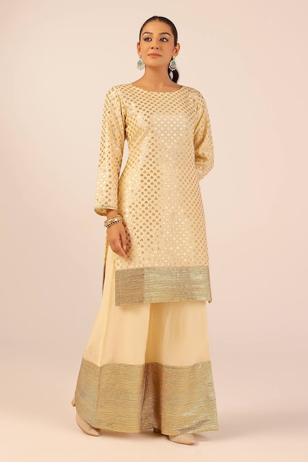Buy_Palak & Mehak_Off White Chanderi Embroidery, Zari Round Neck Designer Kurta Sharara Set _Online_at_Aza_Fashions