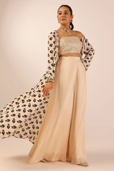 Palak & Mehak_Beige Crepe Embroidery, Sequins Open , Square Floral Print Jacket Set _Online_at_Aza_Fashions