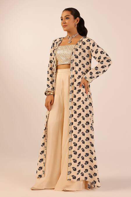 Buy_Palak & Mehak_Beige Crepe Embroidery, Sequins Open , Square Floral Print Jacket Set _Online_at_Aza_Fashions