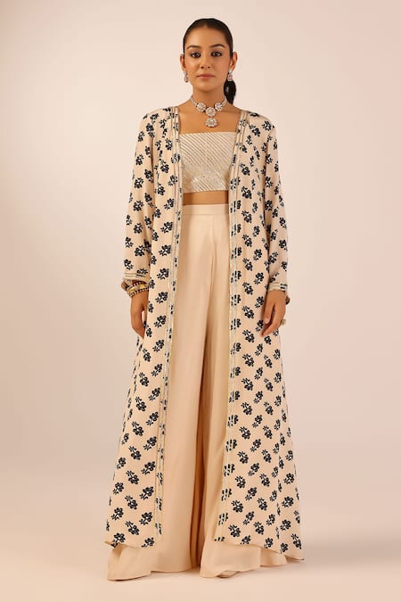 Palak & Mehak Beige Floral Print Jacket Set 