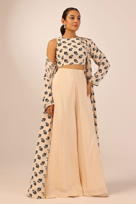 Palak & Mehak_Beige Crepe Round Neck Floral Print Jacket And Crop Top Set _Online_at_Aza_Fashions