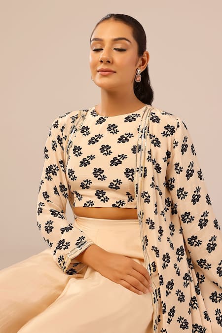Buy_Palak & Mehak_Beige Crepe Round Neck Floral Print Jacket And Crop Top Set _Online_at_Aza_Fashions