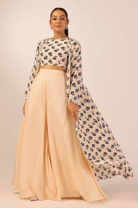 Shop_Palak & Mehak_Beige Crepe Round Neck Floral Print Jacket And Crop Top Set _Online_at_Aza_Fashions