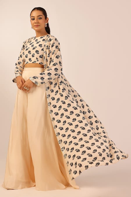 Palak & Mehak_Beige Crepe Round Neck Floral Print Jacket And Crop Top Set _at_Aza_Fashions