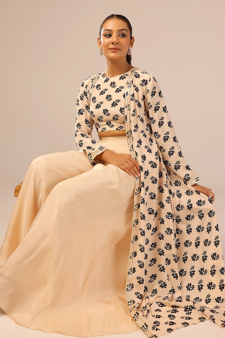 Buy_Palak & Mehak_Beige Crepe Round Neck Floral Print Jacket And Crop Top Set 