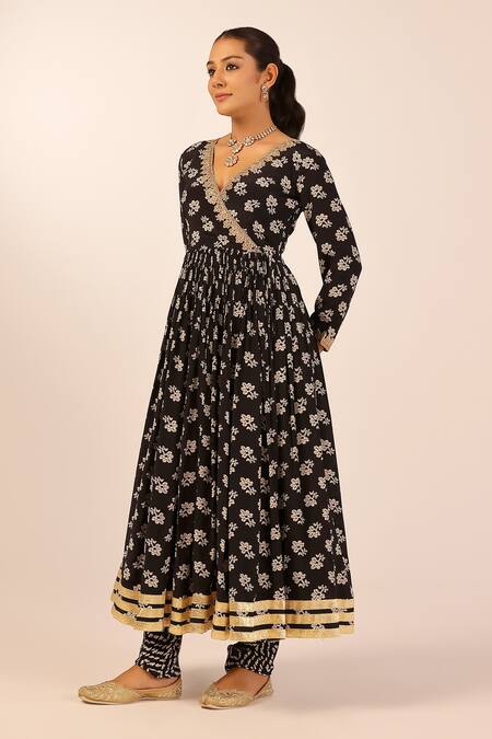 Buy_Palak & Mehak_Black Chanderi Zari V-neck Floral Anarkali Set _Online_at_Aza_Fashions