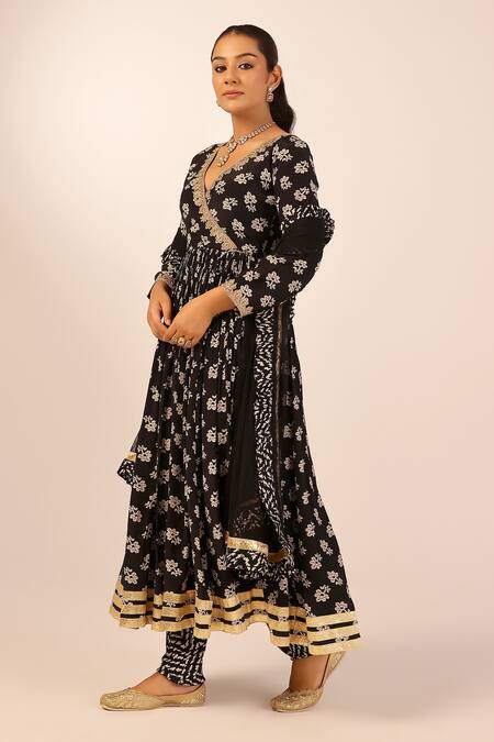 Shop_Palak & Mehak_Black Chanderi Zari V-neck Floral Anarkali Set _Online_at_Aza_Fashions