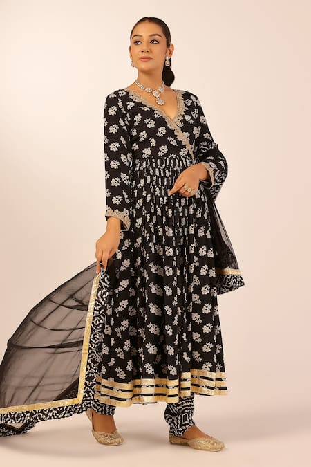 Palak & Mehak Black Chanderi Zari V-neck Floral Anarkali Set 