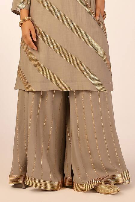 Palak & Mehak_Gray Chanderi Zari, Metallic Thread Round Neck Designer Kurta Sharara Set _Online_at_Aza_Fashions