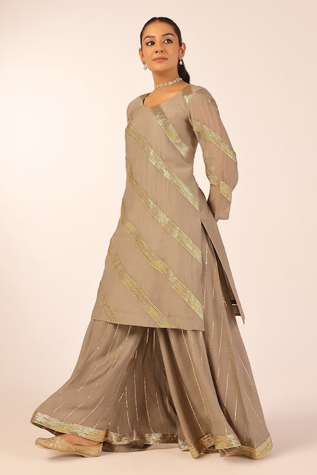 Buy_Palak & Mehak_Gray Chanderi Zari, Metallic Thread Round Neck Designer Kurta Sharara Set _Online_at_Aza_Fashions