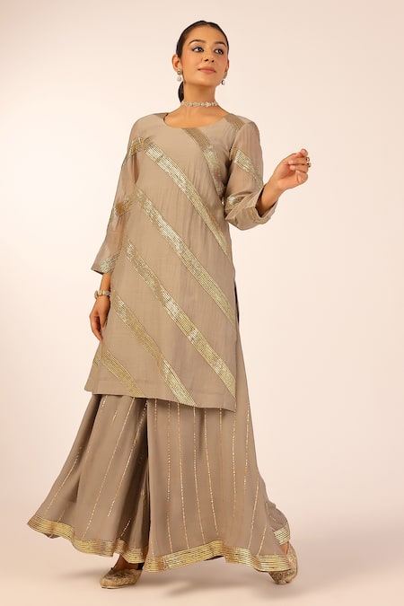 Shop_Palak & Mehak_Gray Chanderi Zari, Metallic Thread Round Neck Designer Kurta Sharara Set _Online_at_Aza_Fashions