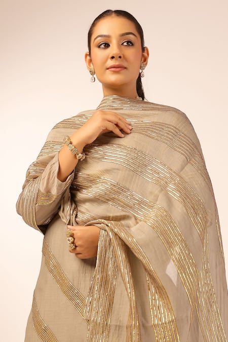 Palak & Mehak_Gray Chanderi Zari, Metallic Thread Round Neck Designer Kurta Sharara Set _at_Aza_Fashions