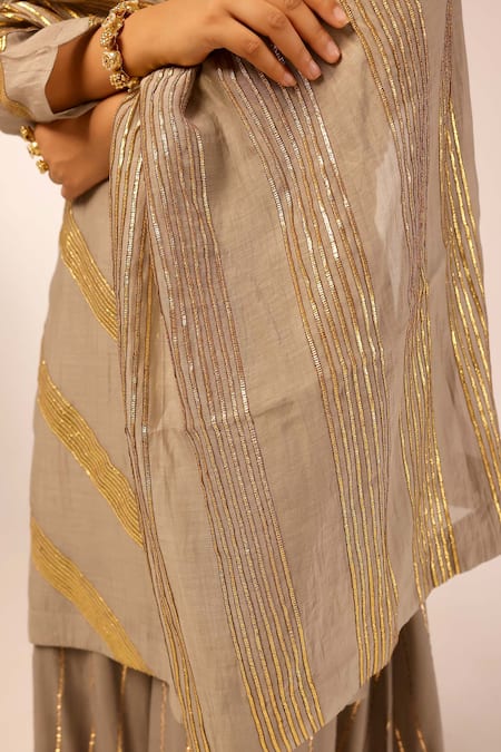 Buy_Palak & Mehak_Gray Chanderi Zari, Metallic Thread Round Neck Designer Kurta Sharara Set 