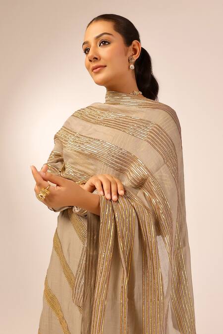 Shop_Palak & Mehak_Gray Chanderi Zari, Metallic Thread Round Neck Designer Kurta Sharara Set 