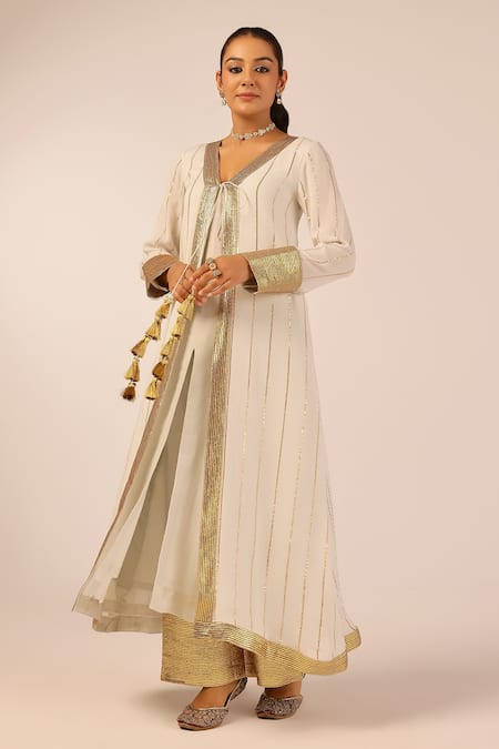 Buy_Palak & Mehak_White Rayon, Crepe Tassels, Zari V-neck Designer Kurta Set  _Online_at_Aza_Fashions