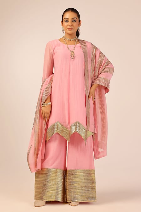 Palak & Mehak Pink Chanderi Zari Round Neck Designer Kurta Set 