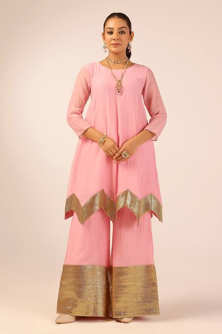 Palak & Mehak_Pink Chanderi Zari Round Neck Designer Kurta Set _Online_at_Aza_Fashions