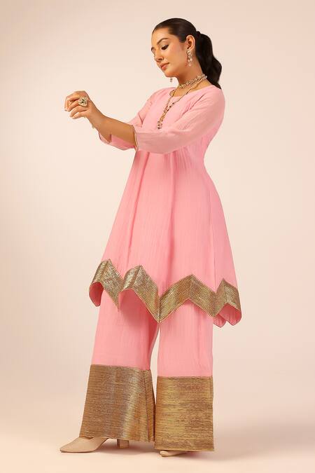 Shop_Palak & Mehak_Pink Chanderi Zari Round Neck Designer Kurta Set _Online_at_Aza_Fashions