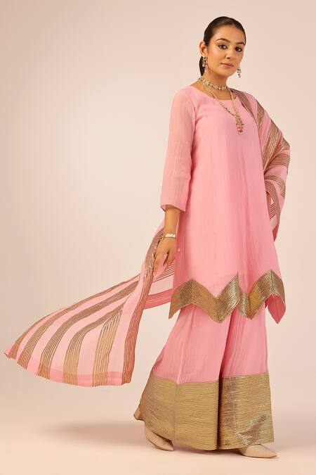 Buy_Palak & Mehak_Pink Chanderi Zari Round Neck Designer Kurta Set 