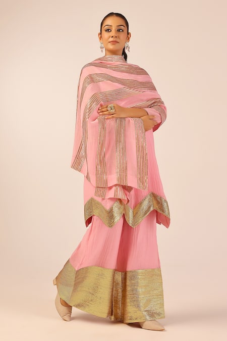 Shop_Palak & Mehak_Pink Chanderi Zari Round Neck Designer Kurta Set 