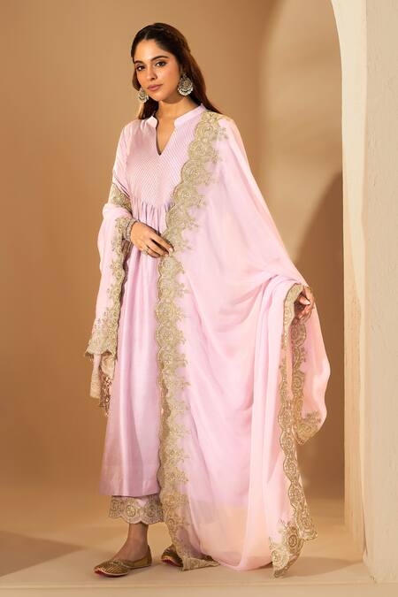 Roohbyridhimaa_Lilac Viscose, Silk, Organza Zari Keyhole Neck Embroidered Kurta Set _Online_at_Aza_Fashions