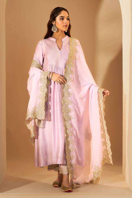 Buy_Roohbyridhimaa_Lilac Viscose, Silk, Organza Zari Keyhole Neck Embroidered Kurta Set _Online_at_Aza_Fashions
