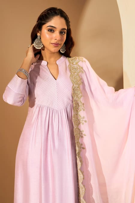 Shop_Roohbyridhimaa_Lilac Viscose, Silk, Organza Zari Keyhole Neck Embroidered Kurta Set _Online_at_Aza_Fashions
