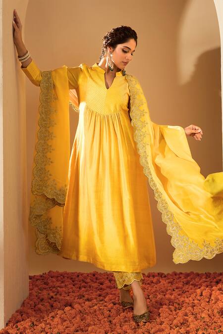 Shop_Roohbyridhimaa_Mustard Viscose, Silk, Organza Zari Split V-neck Embroidered Kurta Set _Online_at_Aza_Fashions
