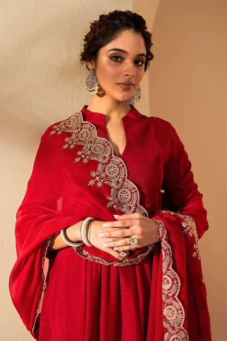 Shop_Roohbyridhimaa_Red Viscose, Organza Embroidery, Zari Collared Kurta Set _Online_at_Aza_Fashions
