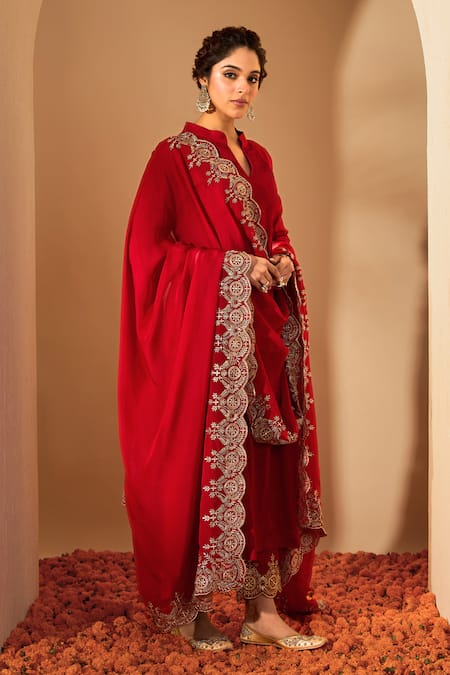 Roohbyridhimaa_Red Viscose, Organza Embroidery, Zari Collared Kurta Set _at_Aza_Fashions