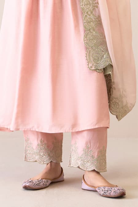 Roohbyridhimaa_Pink Viscose, Silk, Organza Embroidery, Zari Mandarin Pastel Gumaan Kurta Set _Online_at_Aza_Fashions