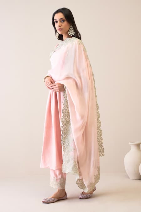 Buy_Roohbyridhimaa_Pink Viscose, Silk, Organza Embroidery, Zari Mandarin Pastel Gumaan Kurta Set _Online_at_Aza_Fashions