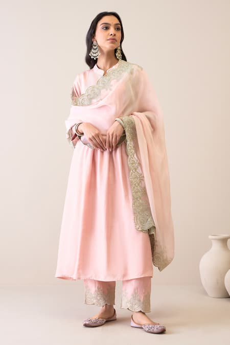 Shop_Roohbyridhimaa_Pink Viscose, Silk, Organza Embroidery, Zari Mandarin Pastel Gumaan Kurta Set _Online_at_Aza_Fashions
