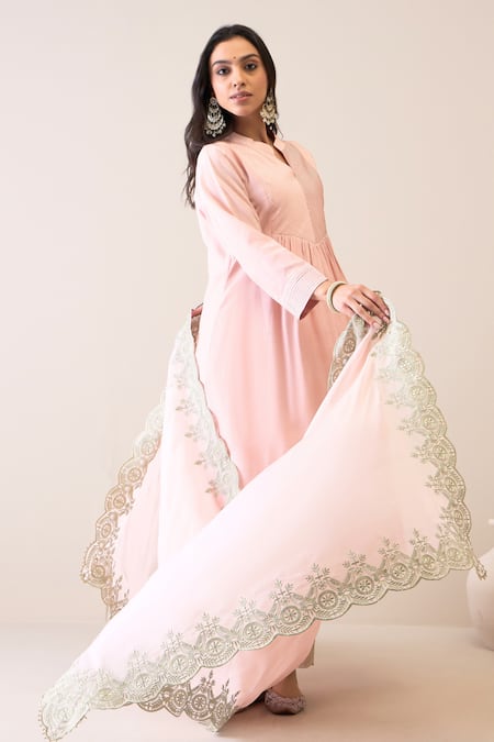 Roohbyridhimaa_Pink Viscose, Silk, Organza Embroidery, Zari Mandarin Pastel Gumaan Kurta Set _at_Aza_Fashions