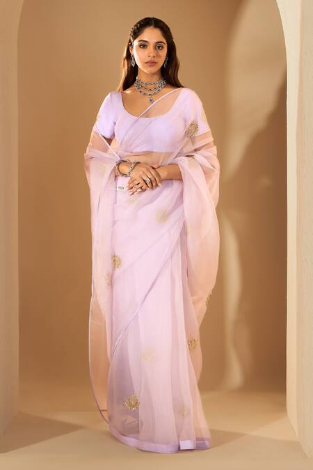 Roohbyridhimaa_Lilac Silk Organza Zari Round Neck Chaandni Saree Set _Online_at_Aza_Fashions