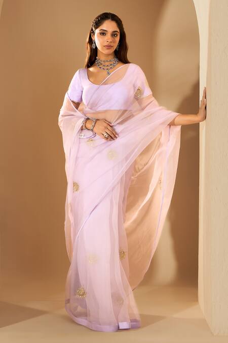 Buy_Roohbyridhimaa_Lilac Silk Organza Zari Round Neck Chaandni Saree Set _Online_at_Aza_Fashions
