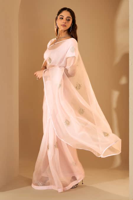 Buy_Roohbyridhimaa_Pink Silk Organza Embroidery, Zari Round Neck Powder Chaandni Saree Set _Online_at_Aza_Fashions