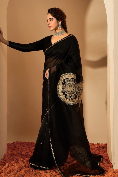 Shop_Roohbyridhimaa_Black Silk Organza Sequins Round Neck Bhavya Saree Set _Online_at_Aza_Fashions