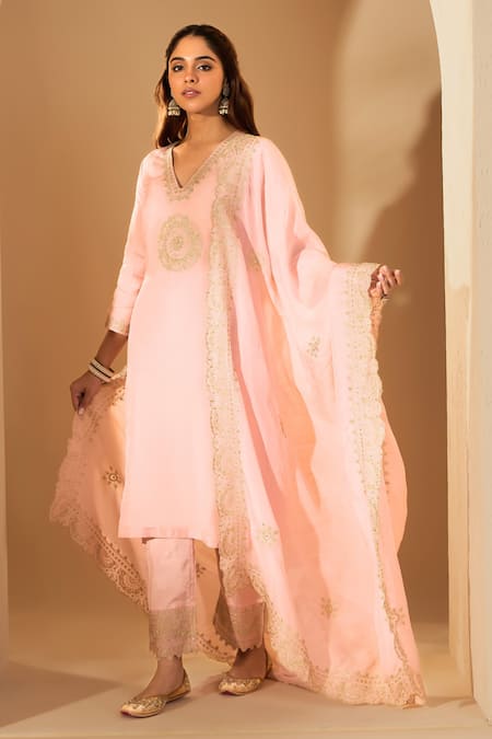 Shop_Roohbyridhimaa_Pink Silk Organza Zari, Sequins V-neck Pastel Embroidered Kurta Set _Online_at_Aza_Fashions