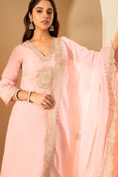 Roohbyridhimaa_Pink Silk Organza Zari, Sequins V-neck Pastel Embroidered Kurta Set _at_Aza_Fashions