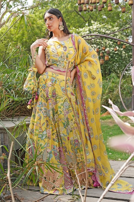 Soniya G Yellow Embroidery Round Neck Floral Print Lehenga Set 