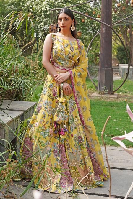 Soniya G_Yellow Embroidery Round Neck Floral Print Lehenga Set _at_Aza_Fashions