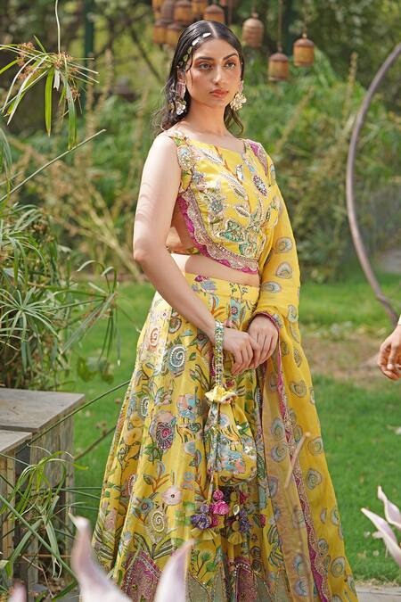 Shop_Soniya G_Yellow Embroidery Round Neck Floral Print Lehenga Set 