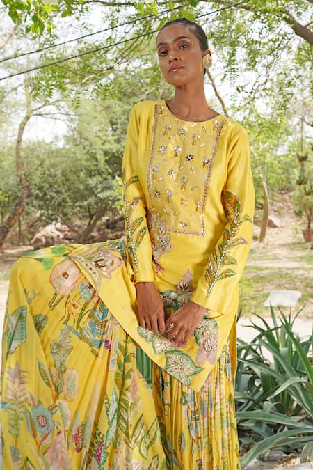 Buy_Soniya G_Yellow Silk, Crepe Beads Round Neck Embroidered Kurta Palazzo Set _Online_at_Aza_Fashions