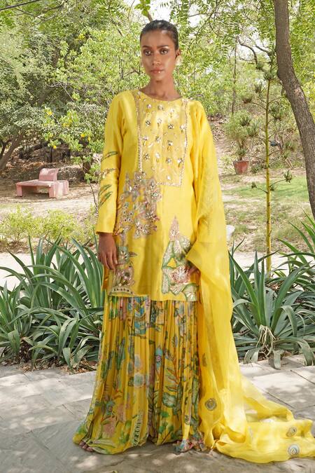 Shop_Soniya G_Yellow Silk, Crepe Beads Round Neck Embroidered Kurta Palazzo Set _Online_at_Aza_Fashions